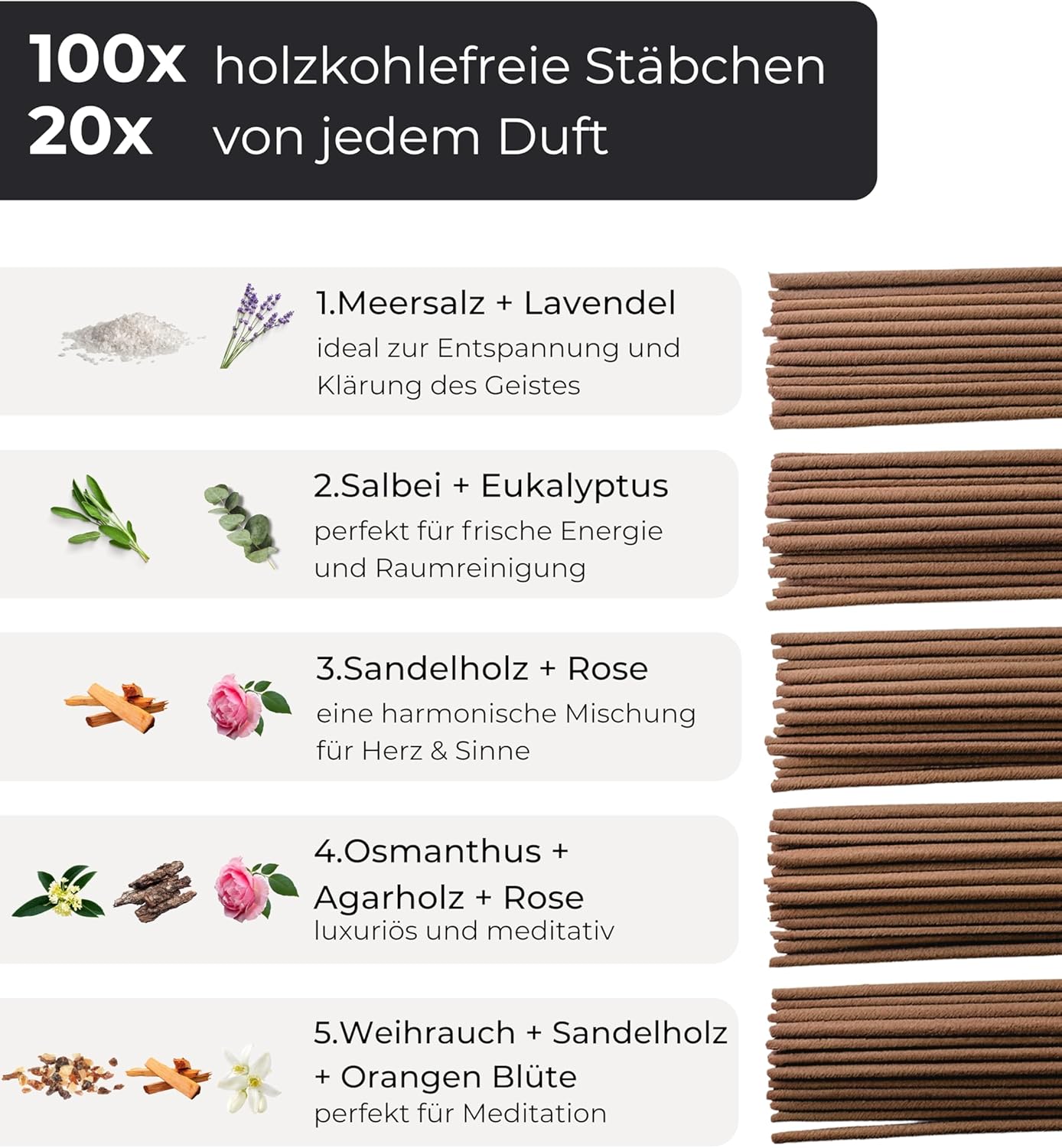 Räucherstäbchen Set 5×20 – 100 Incense Sticks – Meersalz Lavendel, Salbei Eukalyptus, Sandelholz Rose, Osmanthus Agarholz & Weihrauch Orangen Blüte