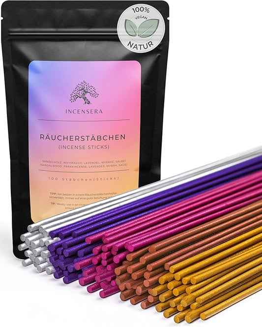 Incense Stick Set - 100 Incense Sticks (5x20) - Sandalwood, Lavender, Frankincense, Myrrh & Sage