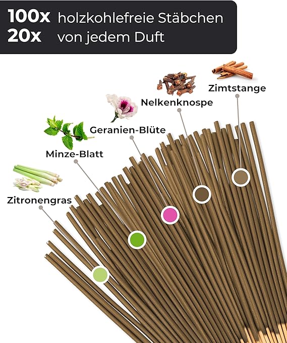 Räucherstäbchen – 100 Incense Sticks Mix (Zitronengras, Minze, Geranie, Nelke, Zimt)