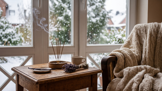 Räucherstäbchen mit Vanilleschote und getrocknetem Lavendel auf einem Beistelltisch vor einem winterlichen Fenster mit Schnee