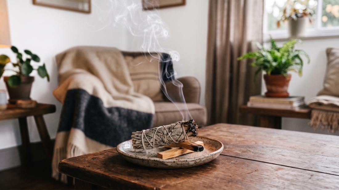 Weißer Salbei und Palo-Santo-Holz brennen zum Reinigungsritual auf einem Keramikteller in gemütlicher Wohnzimmeratmosphäre