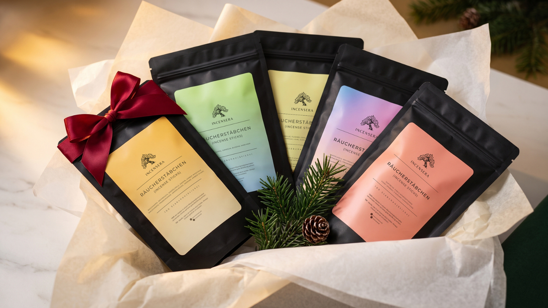 Bunt verpacktes Räucherstäbchen-Set von Incensera als Weihnachtsgeschenk mit roter Schleife und Tannenzweig