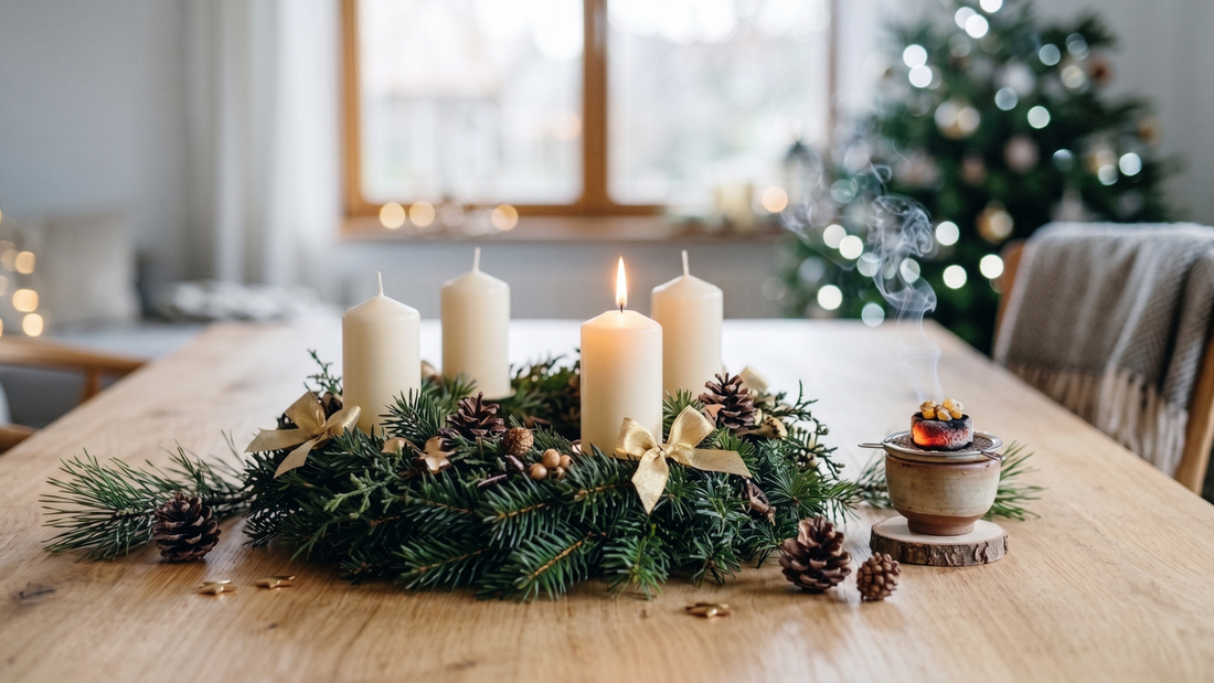 Adventskranz mit brennender Kerze und Räucherschale mit Weihrauch für ein Ritual am ersten Advent