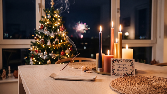 Räucherstäbchen auf einem Holzhalter an Silvester, im Hintergrund Weihnachtsbaum, Kerzen und Feuerwerk