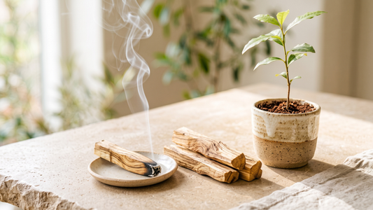 Palo-Santo-Hölzer auf einem Teller neben einer jungen Pflanze als Sinnbild für nachhaltigen Anbau