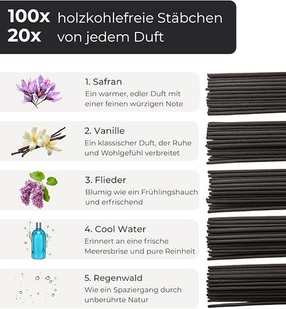 Incense Sticks Set 100 Pieces (5 x 20) – Pure Natural Scented Sticks with Saffron, Vanilla, Lilac, Cool Water & Rain Forest