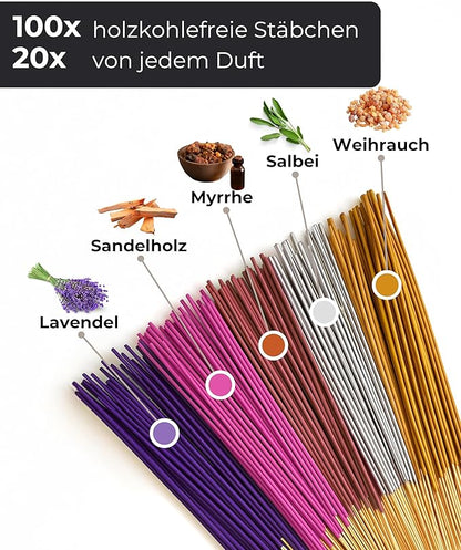 Incense Stick Set - 100 Incense Sticks (5x20) - Sandalwood, Lavender, Frankincense, Myrrh & Sage