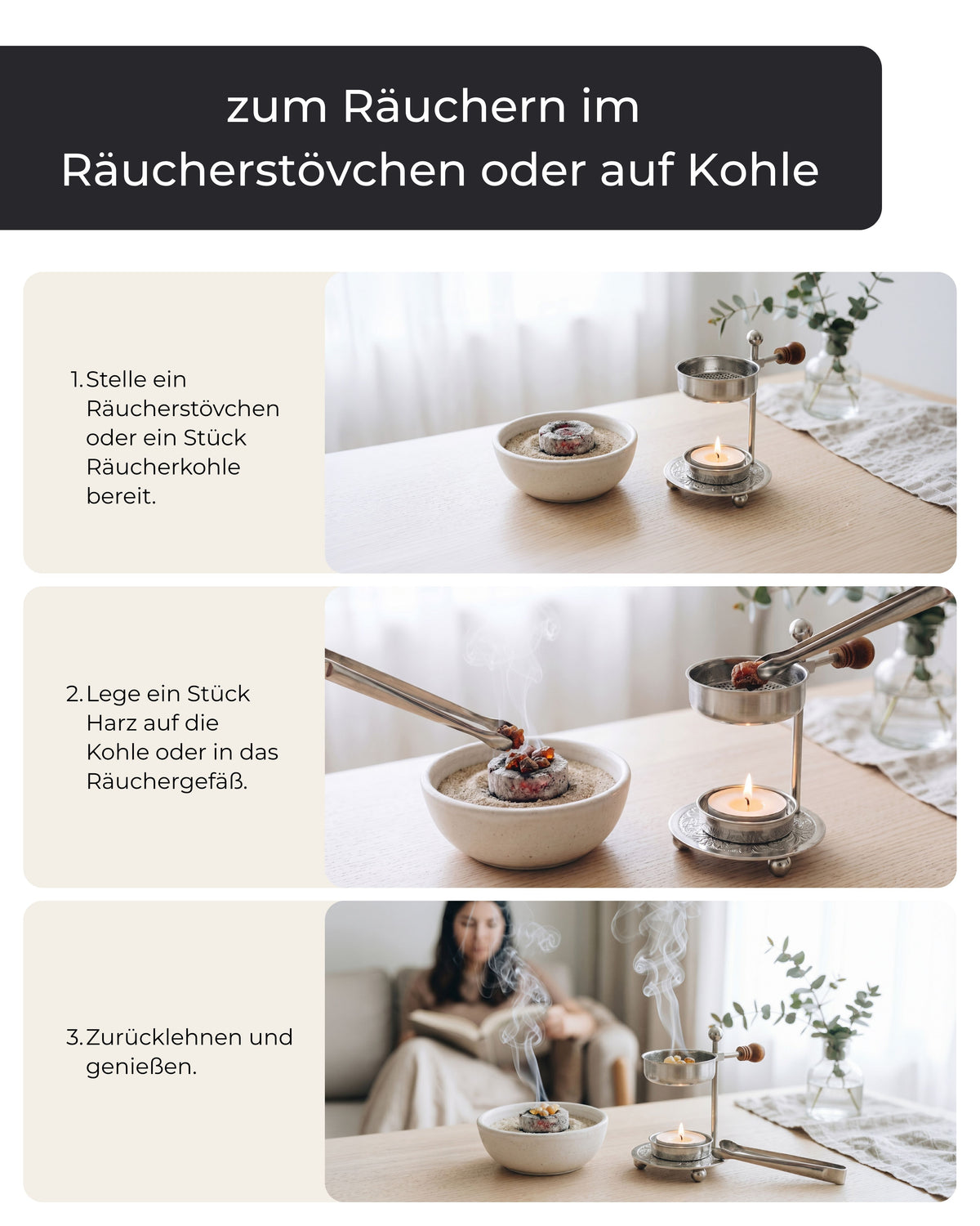Dreischrittige Anleitung zum Räuchern im Räucherstövchen oder auf Kohle: Stövchen bereitstellen, Harz auflegen, zurücklehnen und genießen, mit Beispielfotos auf einem Wohnzimmertisch