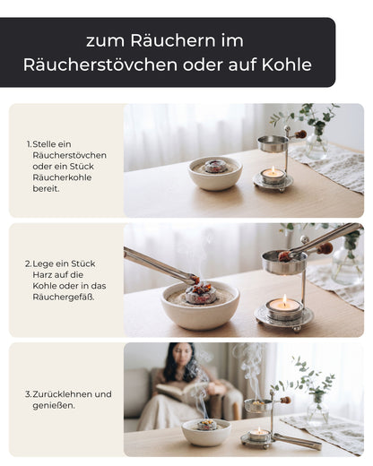 Dreischrittige Anleitung zum Räuchern im Räucherstövchen oder auf Kohle: Stövchen bereitstellen, Harz auflegen, zurücklehnen und genießen, mit Beispielfotos auf einem Wohnzimmertisch