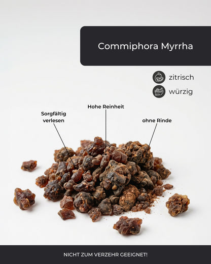Nahaufnahme von Commiphora-myrrha-Harz mit Beschriftungen zu sorgfältiger Handverlesung, hoher Reinheit, ohne Rinde sowie den Duftnoten zitrisch und würzig