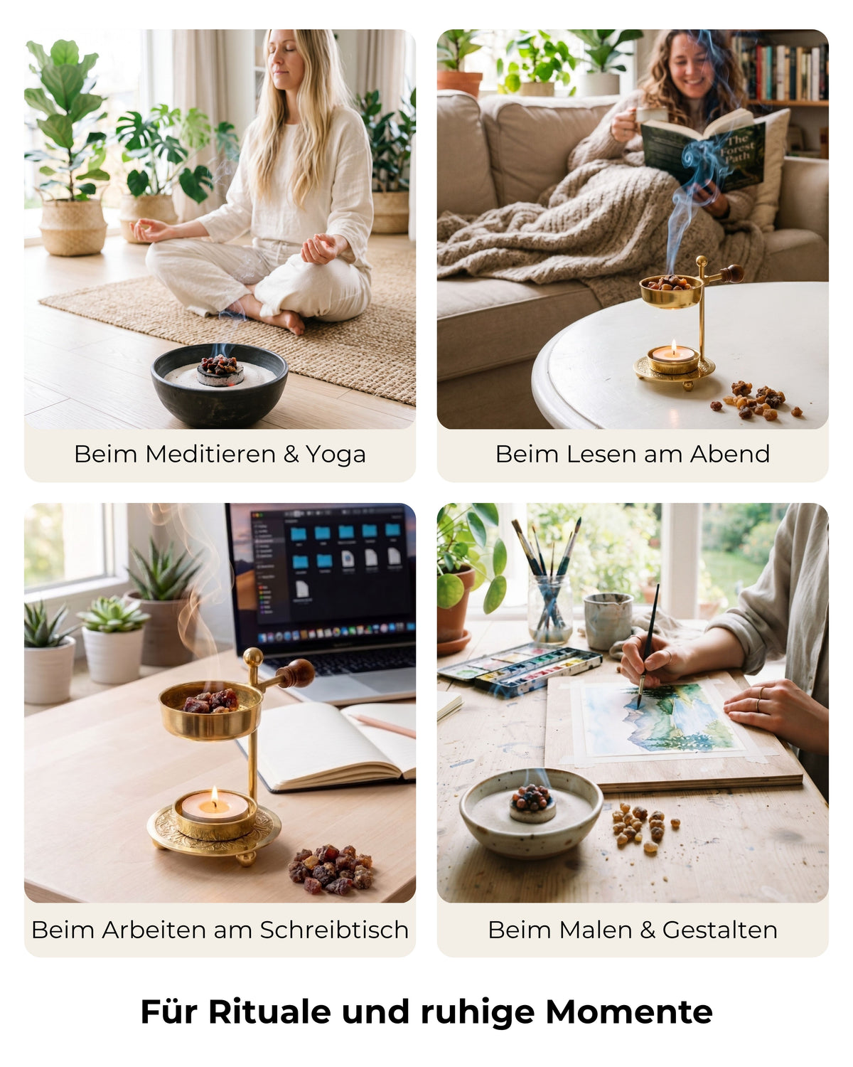 Vier Alltagsszenen mit goldener Räucherschale und Myrrheharz: Meditation und Yoga, Lesen am Abend auf dem Sofa, Arbeiten am Schreibtisch und kreatives Malen