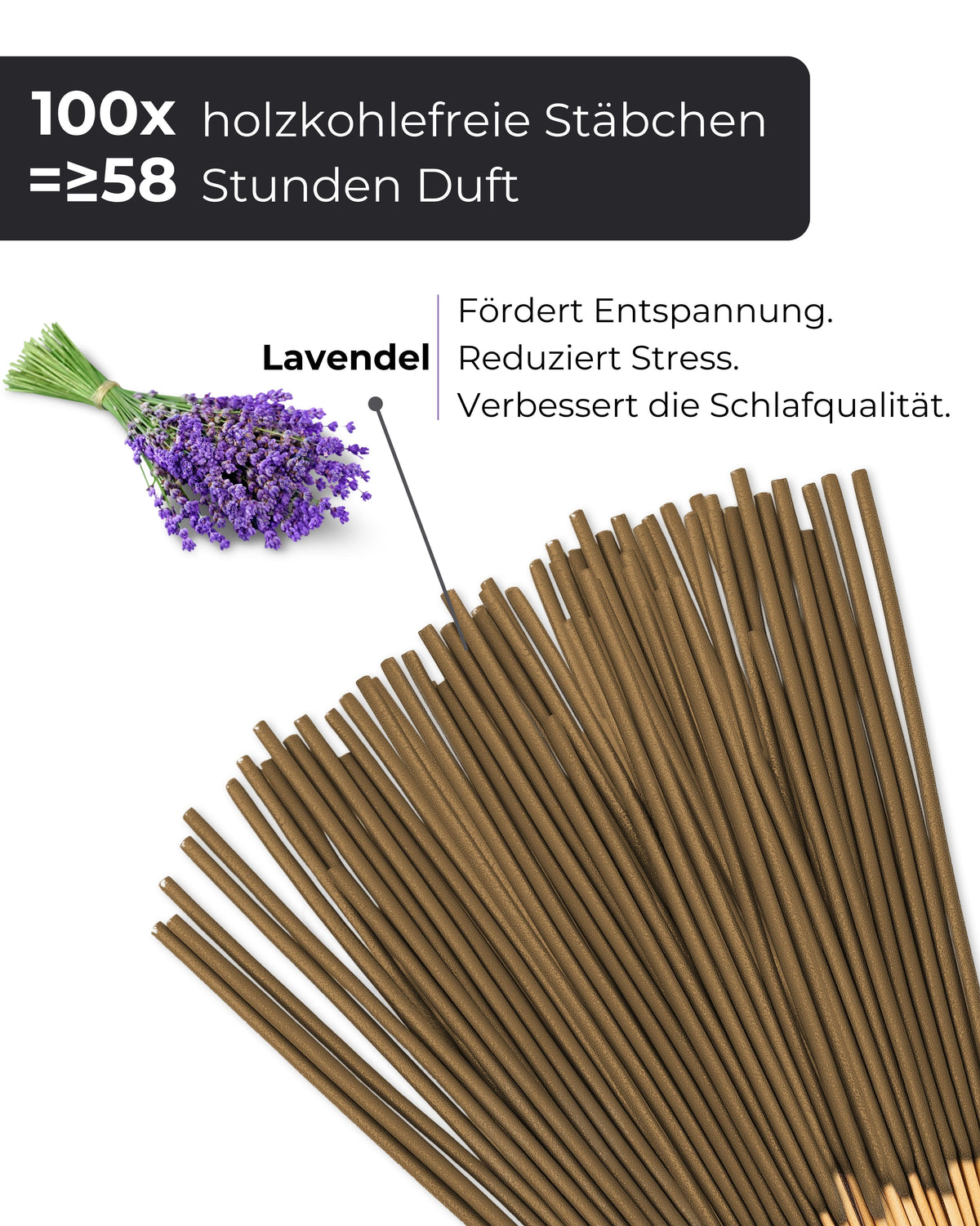 Infografik mit Lavendelblüten-Bund und Textangaben zu 100 Stäbchen für über 58 Stunden Duft sowie den Effekten Entspannung, Stressreduktion und bessere Schlafqualität