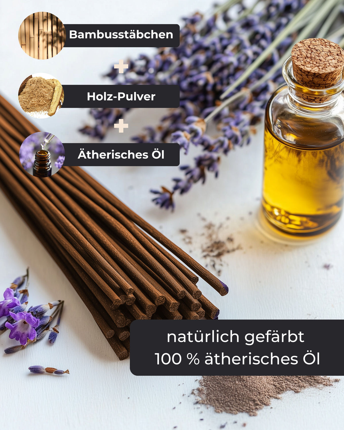 Zutaten-Infografik mit Bambusstäbchen, Holzpulver und ätherischem Öl in einer Flasche, umgeben von Lavendelblüten, Hinweis auf natürliche Färbung und 100 % ätherisches Öl