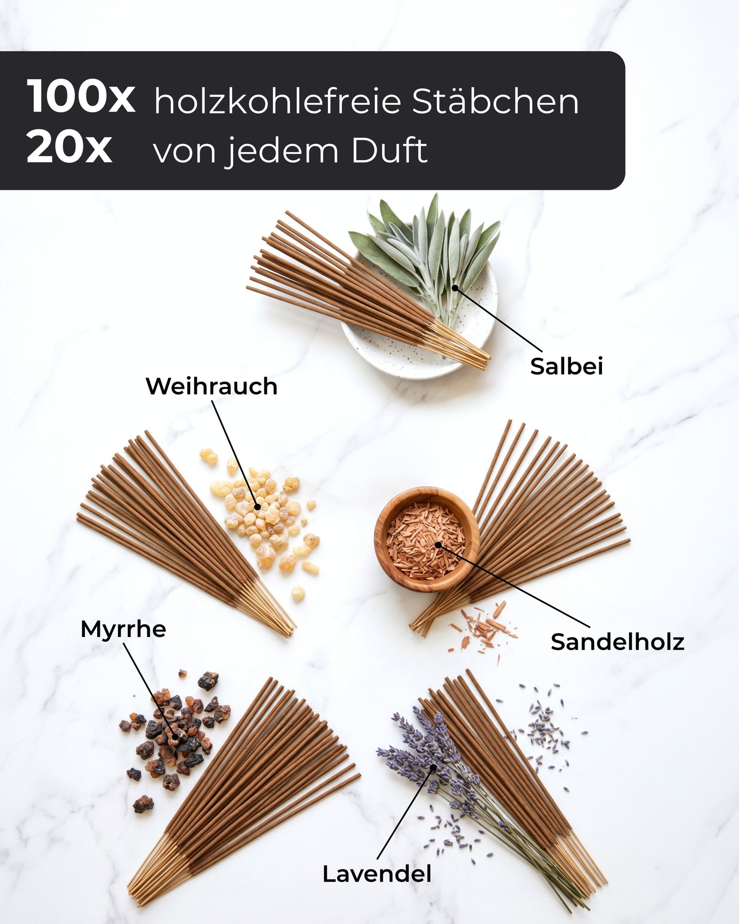 Incense Sticks - 100-Piece Scented Stick Set (5x20) - Sandalwood, Lavender, Frankincense, Myrrh & Sage