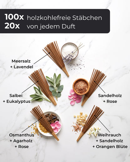 Incense Sticks Set 100 Pieces – 5 Scents: Sea Salt Lavender, Sage Eucalyptus, Sandalwood Rose, Osmanthus Agarwood & Frankincense Orange Blossom