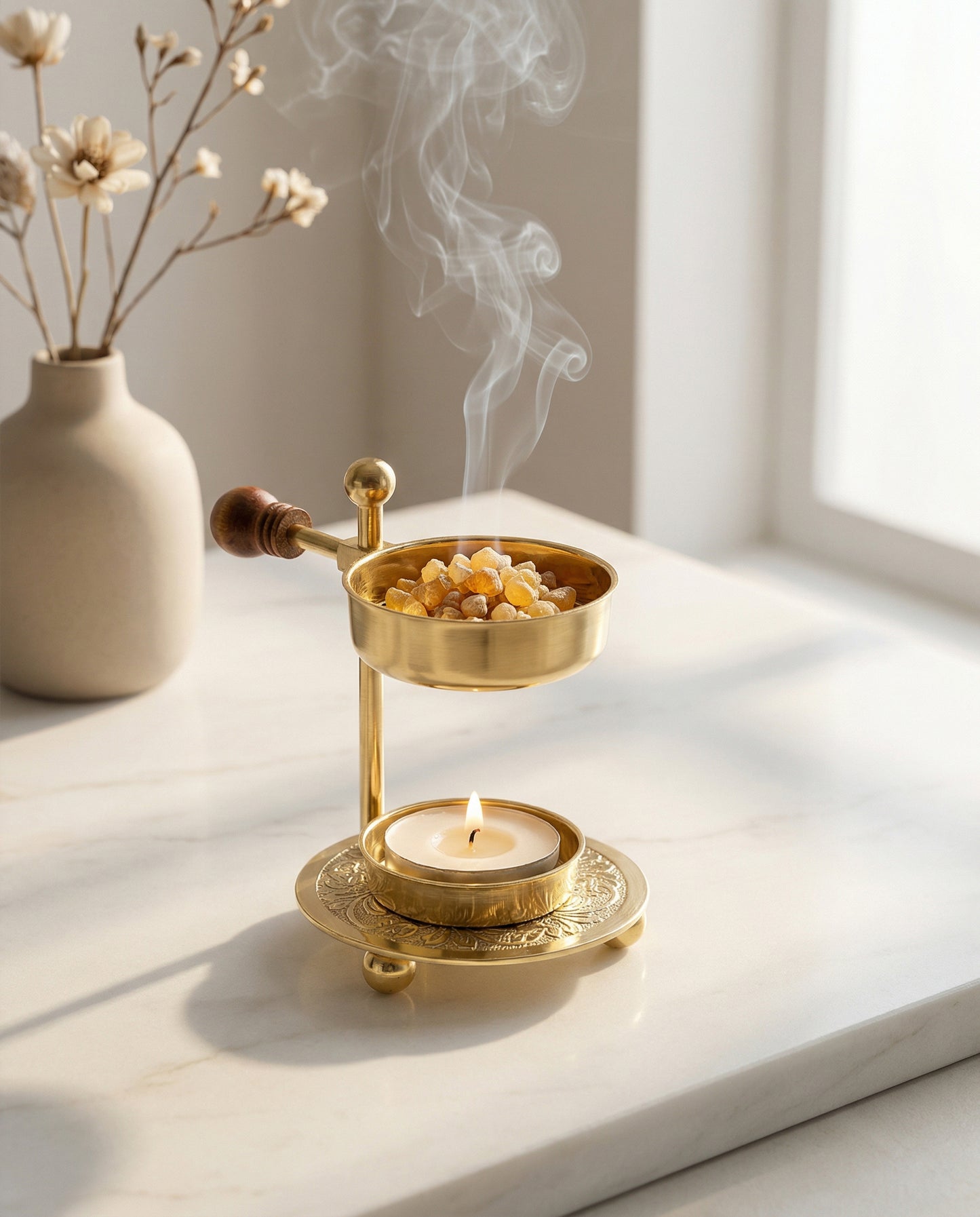 Räucherstövchen Gold mit Holzgriff